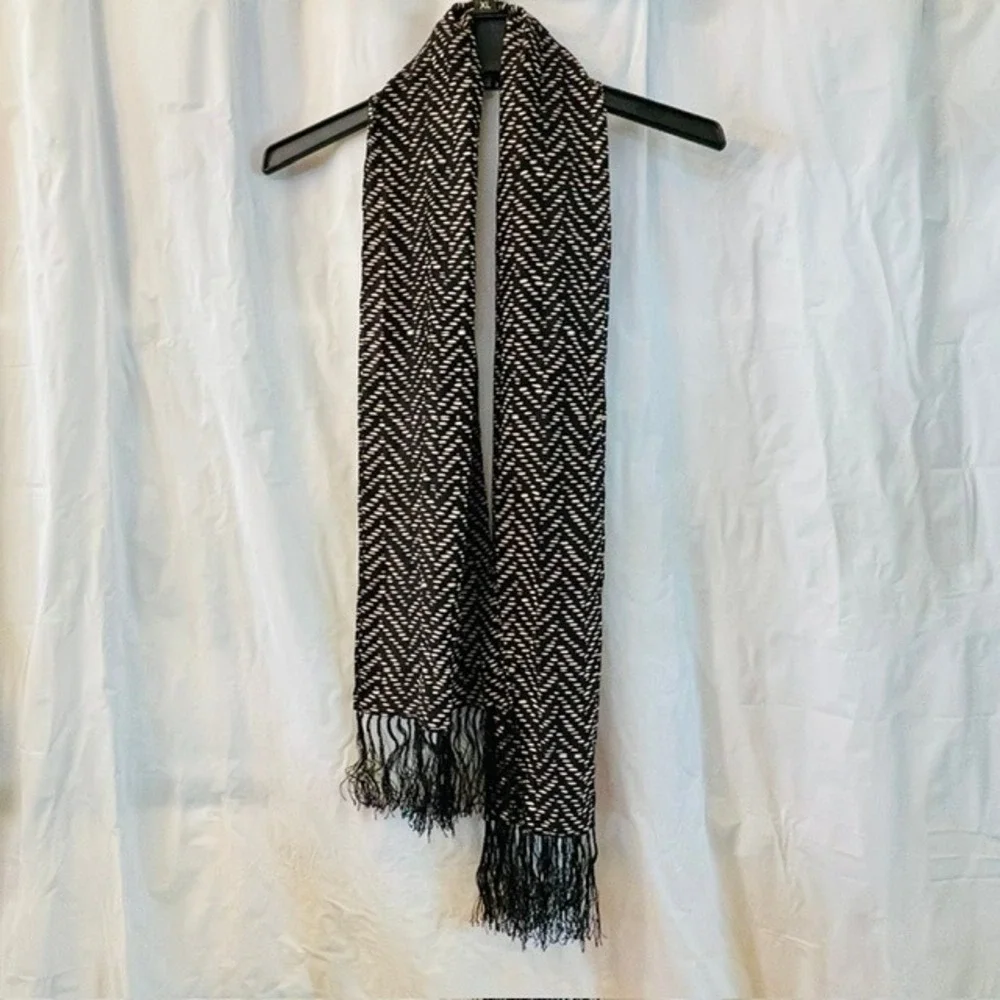 Vintage 80-90s Black Cream Geometric Oblong 100% Silk Fringed Rectangular Scarf